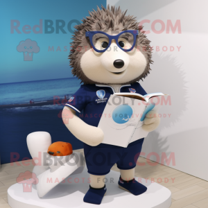 Navy Hedgehog mascot costume character dressed with a Swimwear and Reading glasses