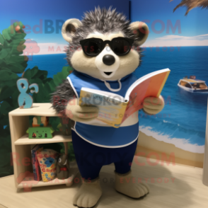 Navy Hedgehog mascot costume character dressed with a Swimwear and Reading glasses