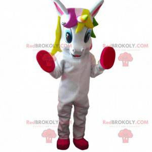 Mascote unicórnio branco e vermelho com uma juba colorida -