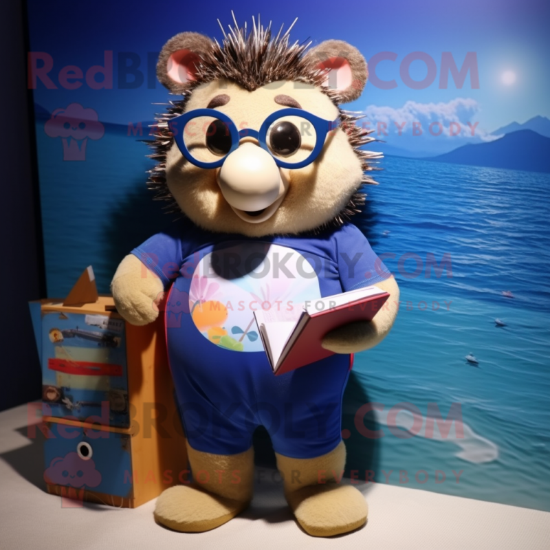 Navy Hedgehog mascot costume character dressed with a Swimwear and Reading glasses