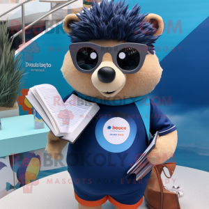 Navy Hedgehog mascot costume character dressed with a Swimwear and Reading glasses