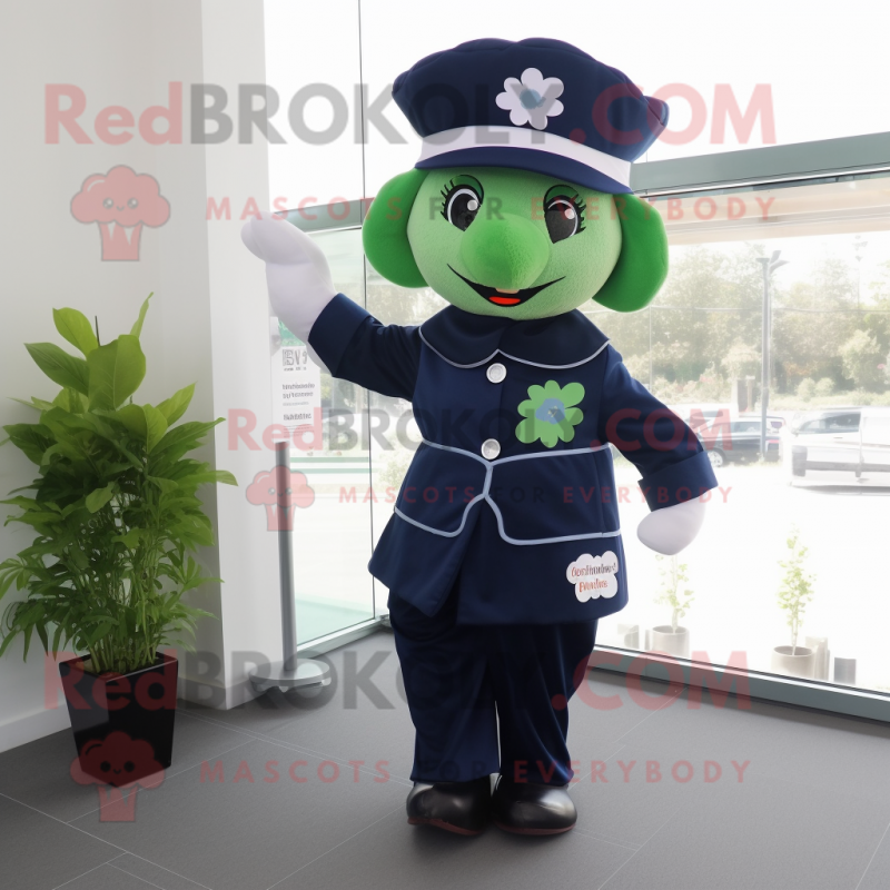 Navy Four Leaf Clover mascot costume character dressed with a Blouse and Caps Navy Four Leaf Clover mascot costume character dressed with a Blouse and Caps