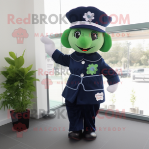 Navy Four Leaf Clover mascot costume character dressed with a Blouse and Caps