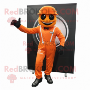 Orange Momentum mascot costume character dressed with a Suit Pants and Gloves