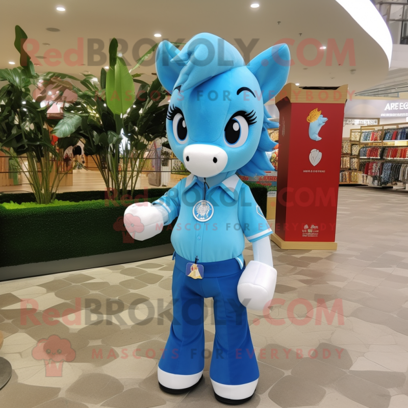 Sky Blue Mare mascot costume character dressed with a Polo Shirt and Keychains