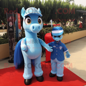 Sky Blue Mare mascot costume character dressed with a Polo Shirt and Keychains