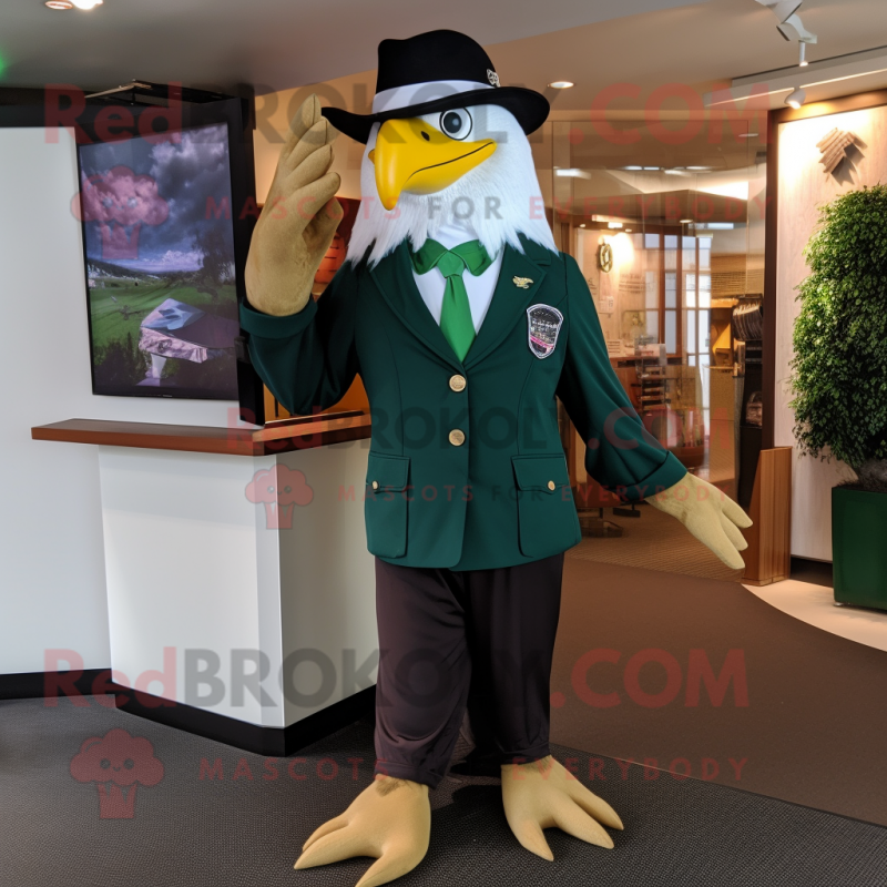 Forest Green Bald Eagle mascot costume character dressed with a Suit and Hats