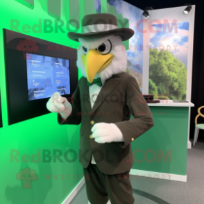 Forest Green Bald Eagle mascot costume character dressed with a Suit and Hats