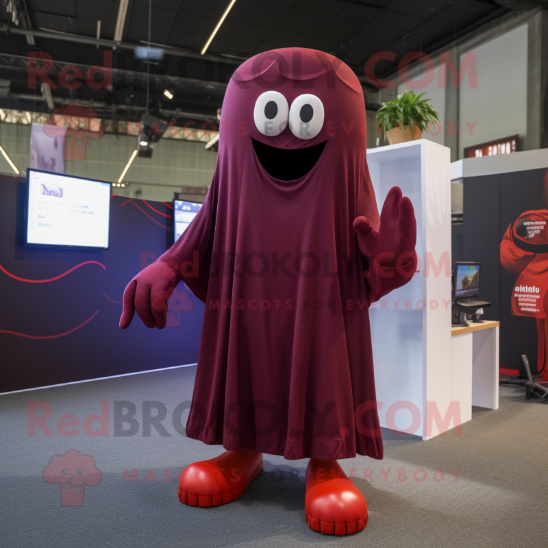 Maroon Ghost mascot costume character dressed with a Playsuit and Shoe laces Maroon Ghost mascot costume character dressed with a Playsuit and Shoe laces