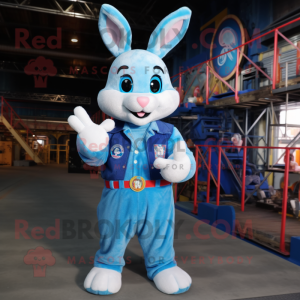 Blue Rabbit mascot costume character dressed with a Overalls and Bracelets