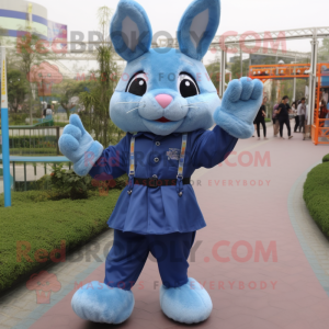 Blue Rabbit mascot costume character dressed with a Overalls and Bracelets