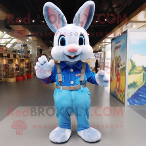 Blue Rabbit mascot costume character dressed with a Overalls and Bracelets