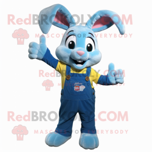 Blue Rabbit mascot costume character dressed with a Overalls and Bracelets