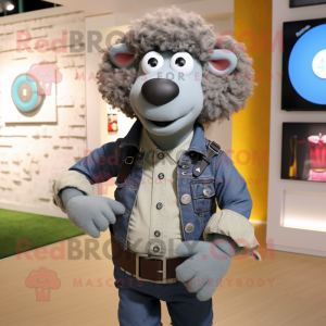 Gray Suffolk Sheep mascot costume character dressed with a Boyfriend Jeans and Smartwatches
