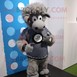 Gray Suffolk Sheep mascot costume character dressed with a Boyfriend Jeans and Smartwatches