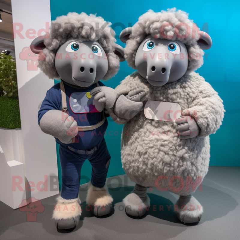 Gray Suffolk Sheep mascot costume character dressed with a Boyfriend Jeans and Smartwatches Gray Suffolk Sheep mascot costume character dressed with a Boyfriend Jeans and Smartwatches