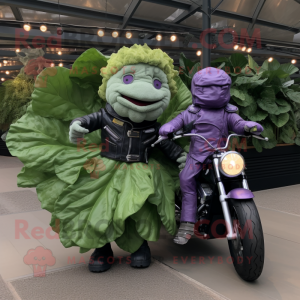 Lavender Cabbage Leaf mascot costume character dressed with a Biker Jacket and Foot pads