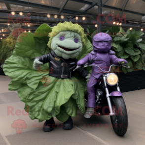 Lavender Cabbage Leaf mascot costume character dressed with a Biker Jacket and Foot pads