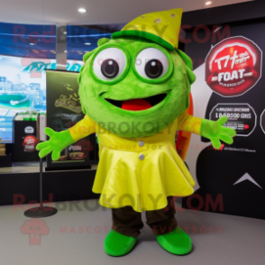 Lime Green Fish And Chips mascot costume character dressed with a T-Shirt and Mittens