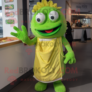 Lime Green Fish And Chips mascot costume character dressed with a T-Shirt and Mittens