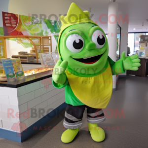 Lime Green Fish And Chips mascot costume character dressed with a T-Shirt and Mittens