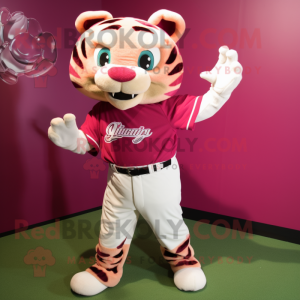 Magenta Tiger mascot costume character dressed with a Baseball Tee and Shoe clips