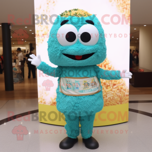 Turquoise Fried Rice mascot costume character dressed with a Vest and Bracelet watches