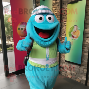 Turquoise Fried Rice mascot costume character dressed with a Vest and Bracelet watches