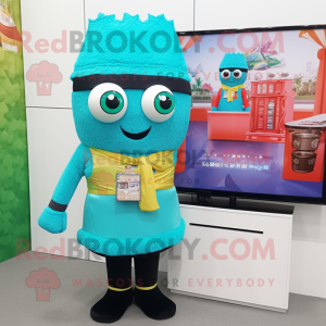 Turquoise Fried Rice mascot costume character dressed with a Vest and Bracelet watches