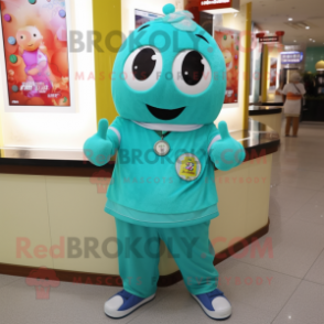 Turquoise Fried Rice mascot costume character dressed with a Vest and Bracelet watches