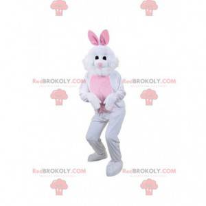 Mascote coelho branco e rosa, fantasia de coelho de pelúcia -