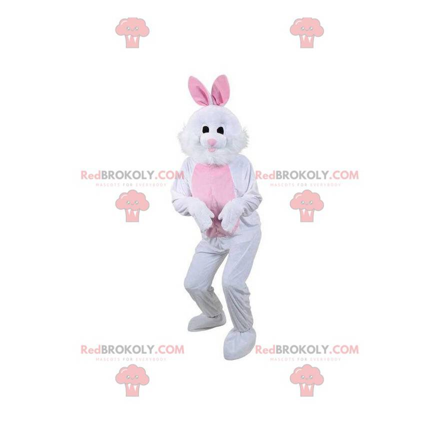 White and pink rabbit mascot, plush bunny costume -