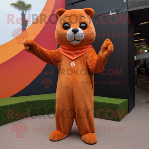 Orange Jaguarundi mascot costume character dressed with a Empire Waist Dress and Shoe laces