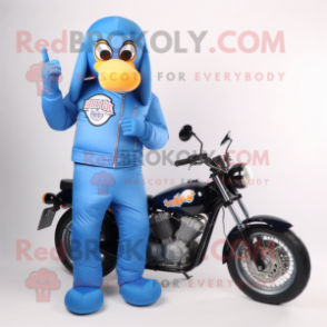 Blue Hot Dogs mascot costume character dressed with a Biker Jacket and Digital watches