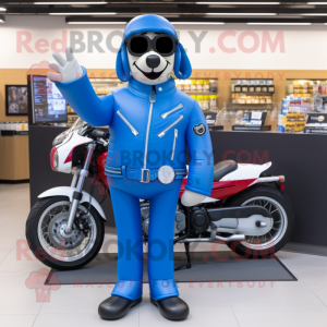 Blue Hot Dogs mascot costume character dressed with a Biker Jacket and Digital watches