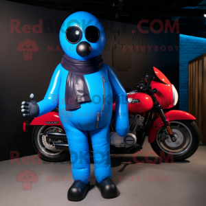Blue Hot Dogs mascot costume character dressed with a Biker Jacket and Digital watches