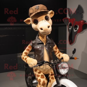 Beige Giraffe mascot costume character dressed with a Biker Jacket and Beanies