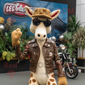 Beige Giraffe mascot costume character dressed with a Biker Jacket and Beanies