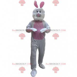 Wit en roze konijn mascotte, pluche konijn kostuum -