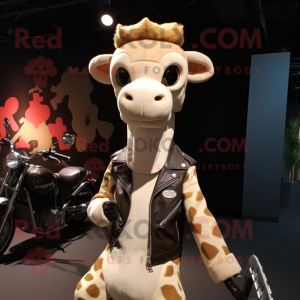 Beige Giraffe mascot costume character dressed with a Biker Jacket and Beanies