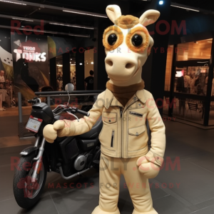 Beige Giraffe mascot costume character dressed with a Biker Jacket and Beanies