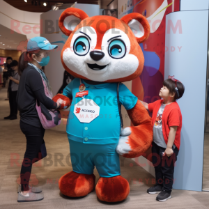 Cyan Red Panda mascot costume character dressed with a Mom Jeans and Bracelet watches