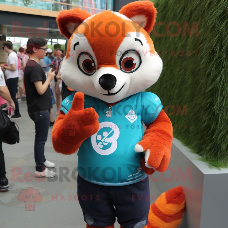 Cyan Red Panda mascot costume character dressed with a Mom Jeans and Bracelet watches