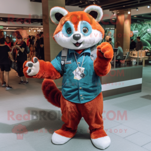 Cyan Red Panda mascot costume character dressed with a Mom Jeans and Bracelet watches