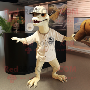 Cream Deinonychus mascot costume character dressed with a Long Sleeve Tee and Hat pins