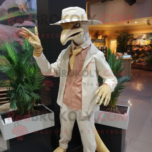 Cream Deinonychus mascot costume character dressed with a Long Sleeve Tee and Hat pins