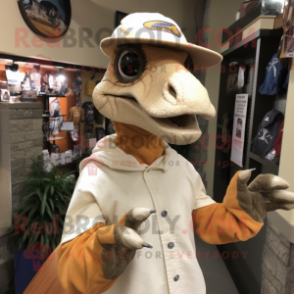 Cream Deinonychus mascot costume character dressed with a Long Sleeve Tee and Hat pins