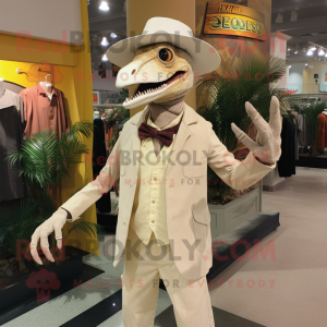 Cream Deinonychus mascot costume character dressed with a Long Sleeve Tee and Hat pins