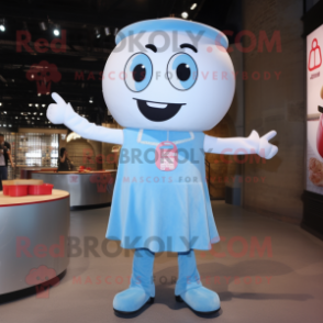 Sky Blue Ramen mascot costume character dressed with a Mom Jeans and Suspenders