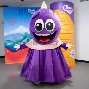 Purple Tacos mascot costume character dressed with a Ball Gown and Beanies